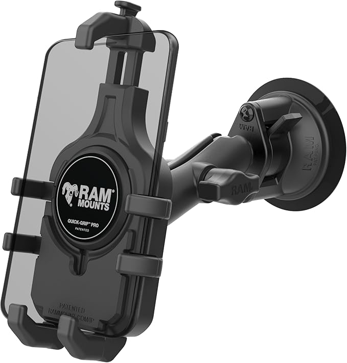 RAM MOUNTS Quick-Grip Pro Phone Mount with Twist-Lock Suction Cup and Medium Arm for Vehicle Windshields RAM-B-166-PD5U