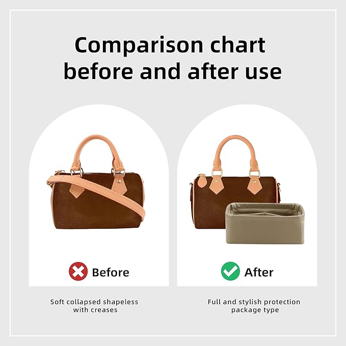 DGAZ Silk Purse Organizer Insert Fits LV Speedy 16/20/25/30/35/45 bags，Silky Smooth Bag Organizer，Luxury Handbag & Tote Shaper（Etoupe grey，New nano 16）
