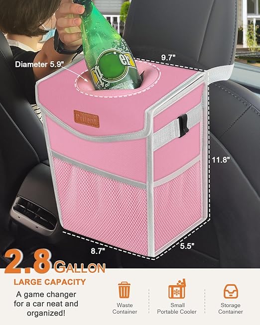 Pritent Car Trash Can with Lid, Cute Leakproof Car Trash Garbage Bag Hanging Vehicle Trash Bin Small Portable Automotive Garbage Cans Organizer for Back/Front Seat/Console(2.8 gal,Pink
