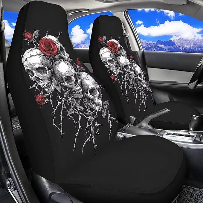 Halloween Skull Rose Car Seat Covers 2 Pcs Universal Front Car Seats Breathable Stretch Polyester Fabric Cover Easy Installation Suitable for Cars, SUV and Trucks
