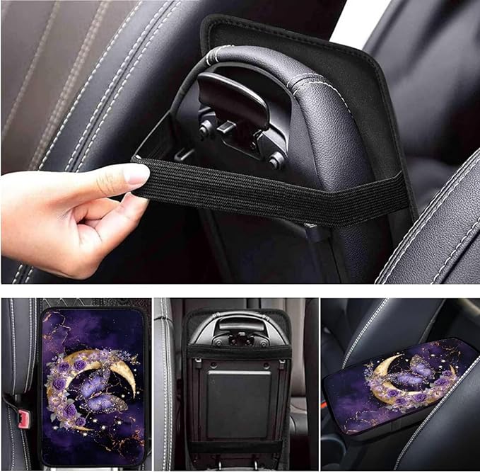 Purple Butterfly& Moon Car Accessories for Women Cute Steering Wheel Cover Car Handbrake Cover,Cup Mat 6 Pcs Cars Interior Decor Suit for Vans Truck SUV