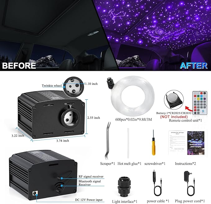 Car Starlight Headliner Kit, Twinkle & Sound Activated RGBW 16W 600pcs*0.02in*9.8ft Fiber Optic Starlight Kit with APP& Remote Controlled, Star Lights for Ceiling Car Roof/Home Decor