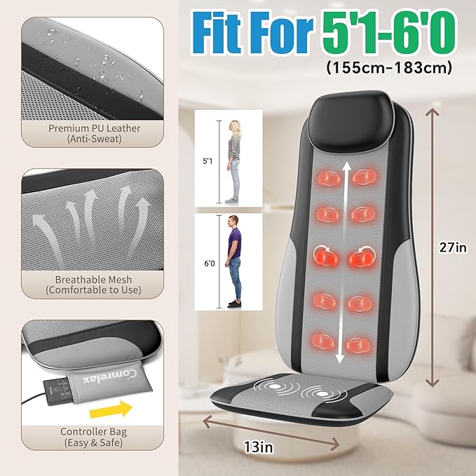 Shiatsu Back Massager with Heat, Massager Chair Pad for Pain Relief Deep Tissue with Smart Timer, Kneading Seat Cushion Vibration for Office, Home, and Travel Use