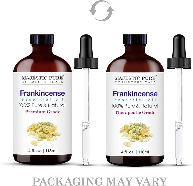 Majestic Pure Essential Oil with Glass Dropper - 100% Pure and Natural - Essential Oils for Diffuser, Aromatherapy, Soap and Candle Making, Frankincense Essential Oil, Frankincense Oil, 4 Fl Oz