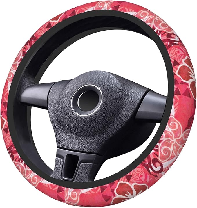 Red Hibiscus Polynesian Tapa Car Steering Wheel Cover 14-15 Inch for Women Men - Stretch Cloth Anti-Slip Wrap Protector Case - Fit Universal Auto Accessories Decor - Sweat Absorption