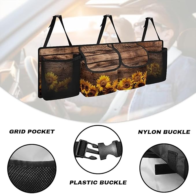 Yellow Sunflower Wood Backseat Trunk Organizer for Car Hanging Trunk Storage Bag Multipurpose Car Back Seat Organizer with Lid