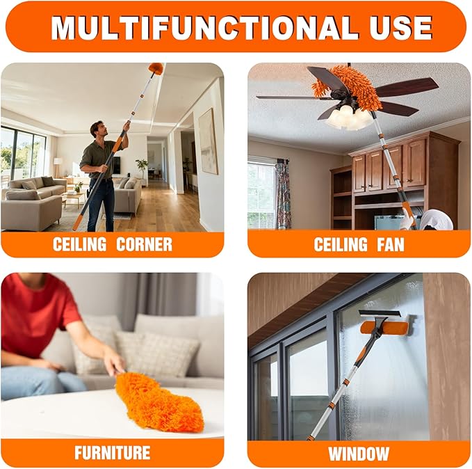 SISUPASSIE 20FT Reach High Ceiling Duster Kit, Window Cleaning kit with 3-12FT Extension Pole, Fan Duster for Ceiling Fan Blades, Microfiber Feather Duster, Rotatable Window Squeegee and Cobweb Duster