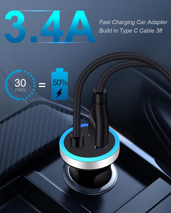 Cell Phone Car Charger for Samsung Galaxy A17 A16 A25 A15 5G A13 A14 A24 A03s S26 S25 S24 Ultra iPhone 17e 17 16e 16, USB C Cigarette Lighter Adapter Usbc Cord Fast Charging Typec Cargador Cable Auto