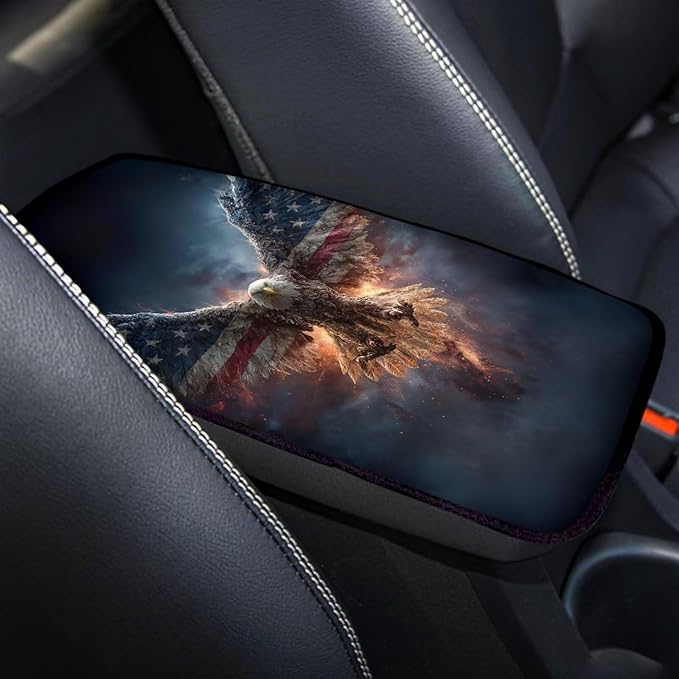Fire Eagle Print Armrest Cover Pad for Car American Flag Print Car Center Console Armrest Cushion Pad Universal Fit for Most Cars