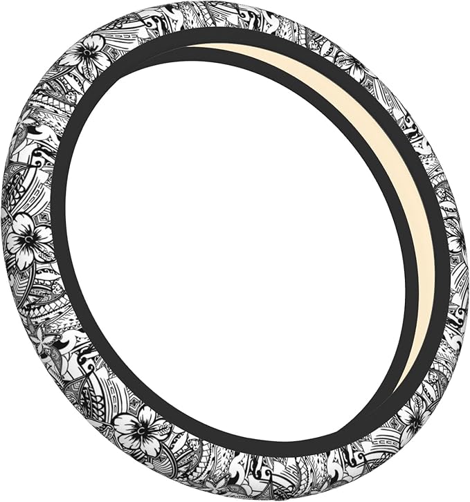 Hawaiian Polynesian Tribal Tatoo Car Steering Wheel Cover for Women Men 14-15 Inch Stretch Cloth Anti-Slip Wrap Protector Case Fit Universal Auto Accessories Decor Sweat Absorption