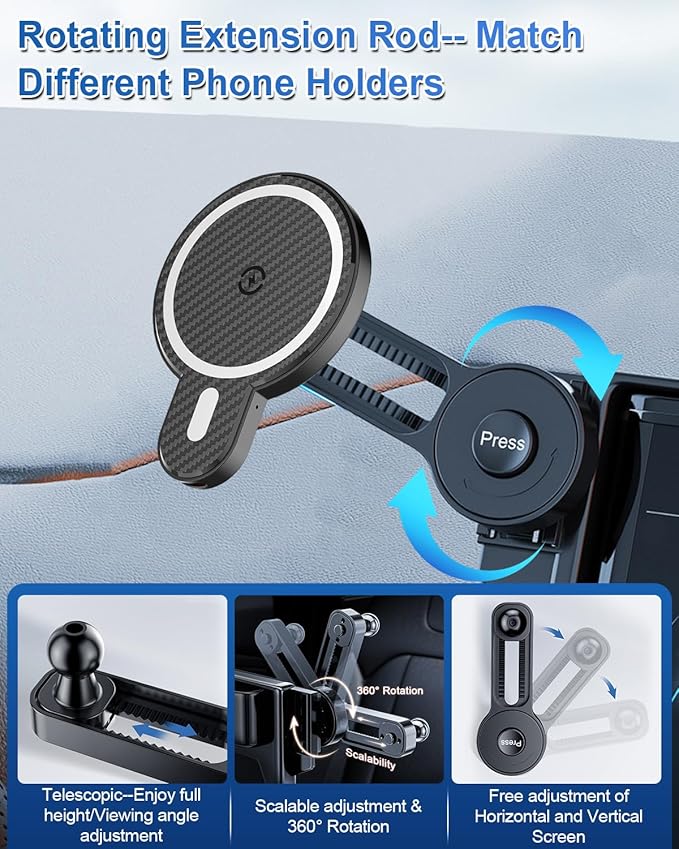 PZK Car Phone Holder for Hyundai Elantra 2021-2025 2026 SE/SEL/Sport/Limited/N Line Accessories for 8-Inch/10.25-Inch Screen Magnetic 15W Fast Wireless Charger Phone Mount 360° Rotating Extension Rod