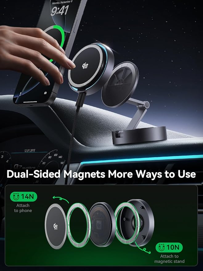 THREEKEY for Qi2 25W Certified MagSafe Car Mount Charger Lite with Cooling Fan&LED Light, 360° Rotating Fast Wireless Charger & Phone Holder for iPhone 17-12, Galaxy S25-S26 | 30W Adapter Included