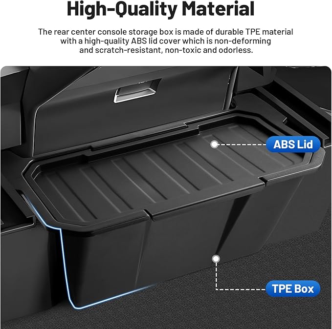 Canvcle Rear Floor Storage Box for 2024 2025 2026 Tesla Cybertruck Accessories, 2nd Row Floor Storage Bin TPE Backseat Storage Box Rear Center Console Organizer with Anti-Slip Lid Cover Trash Can