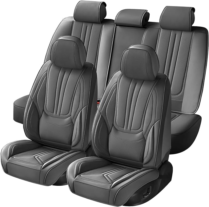 Car Seat Covers, Premium Leather Car Seat Covers, Waterproof and Breathable Seat Covers, Universal Car Seat Protector Fit for Cars, Trucks, SUVs, Pick-ups (Gray, FullSet)