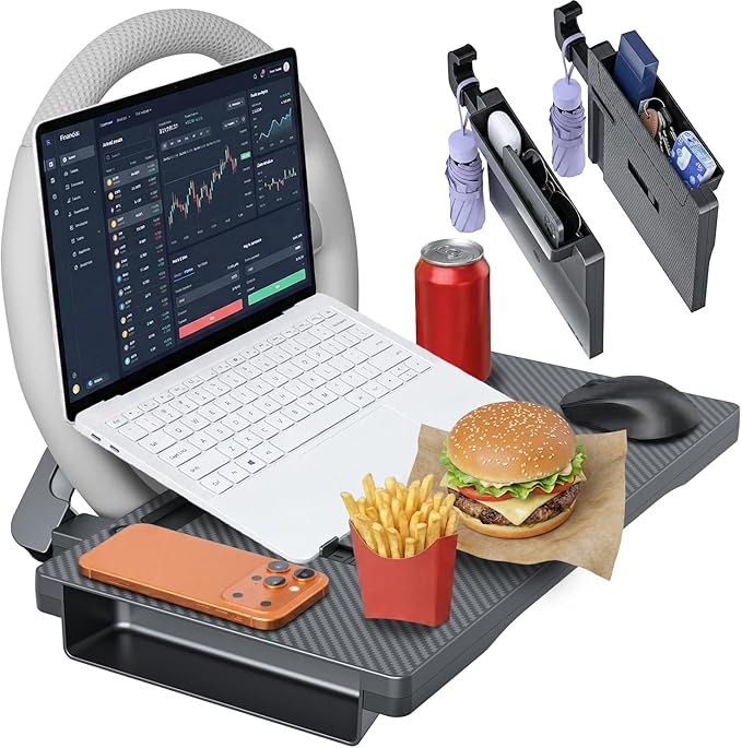 3 in 1 Car Steering Wheel Desk Tray & Car Seat Gap Filler & Organizer, Foldable Carbon Fiber Look Adjustable Car Tray,for Laptops, Eating Food, Writing, Entertainment.