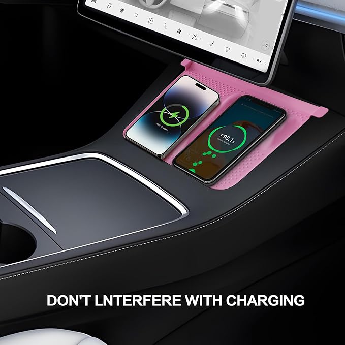 HSB Upgrade Silicone Mat for Tesla Model Y Model 3 Center Console, Wireless Charging Phone Pad, Interior Accessories (Not for 2024 Model 3) (Pink)