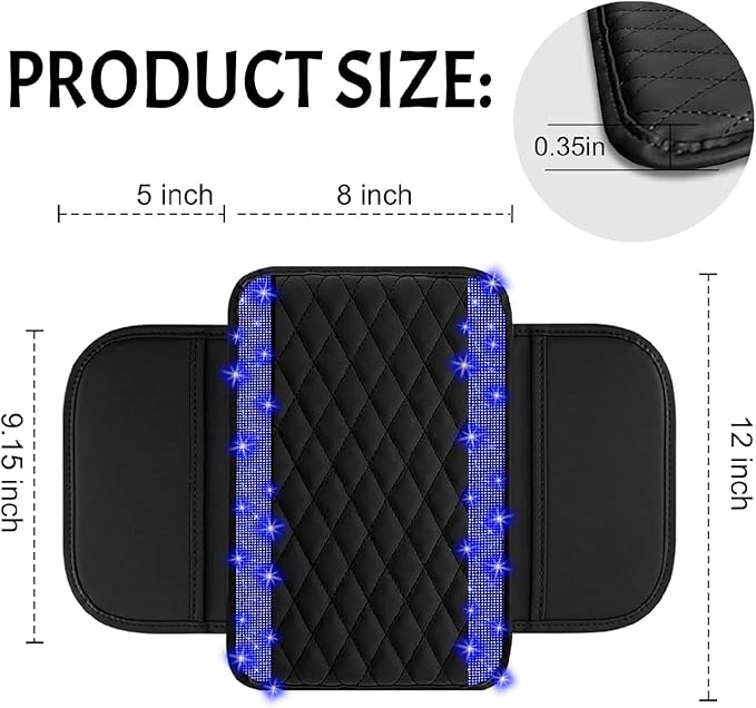 NBTEPEM Bling Car Center Console Cover, Leather Car Arm Rest Cover Cushion with 2 Storage Bags, Universal Automotive Armrest Protector Storage Box, Bling Accessories Interior for Most Vehicles (Blue)