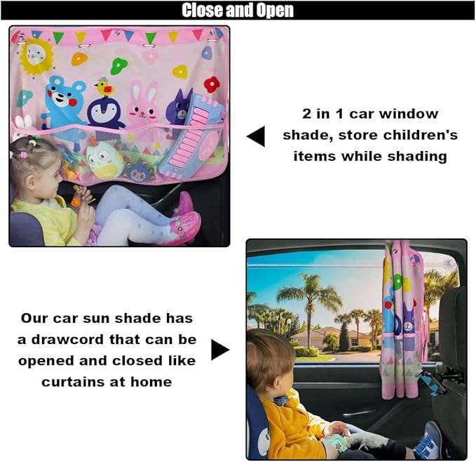 Car Window Shade for Baby, Blackout Car Window Curtain with Storage Pockets & 7 Suction Cups, Cartoon Pattern Cars Side Window Sun Shade Cover for Sun/Heat/UV Rays Protection (Pink-Animals)