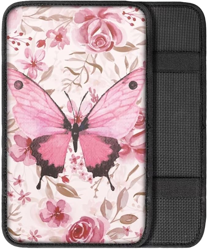 Coldinair Pink Floral Universal Car Center Console Pad Soft Armrest Protector Cover Fit for Most Vehicle,SUV,Truck,Car Interior Accessories Decor,Butterfly