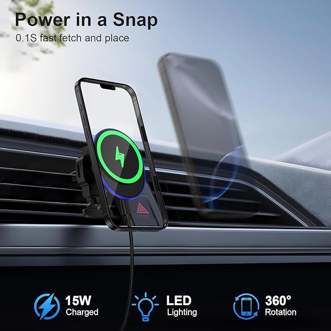 15W Magnetic Wireless Car Charger, MagSafe Car Mount Charger Fast Air Vent Car Phone Holder Charger for Samsung Galaxy S26 Ultra S26 S25 FE S25 Ultra S24 iPhone 17e 17 Pro Max 17 16e 16 Pro 15 Pro Max