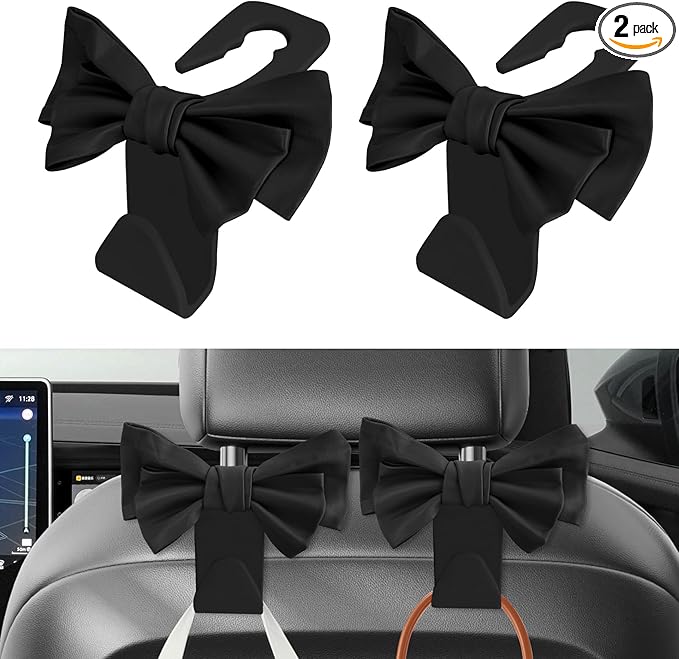 2PCS Car Purse Hooks, Car Hooks for Purses and Bags Cute, Cute Bow Shaped Vehicle Backseat Storage Hanger, Auto Leather Bow Back Seat Storage Hanging Holder Universal for Women Girls (Black)