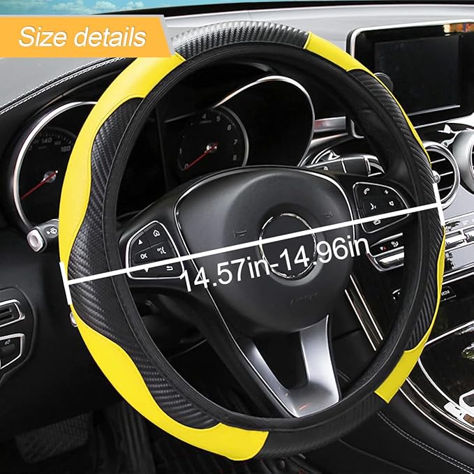 LoyaForba Car Steering Wheel Cover, Microfiber PU Leather Elastic Carbon Fiber Auto Steering Wheel Protector, Universal 15 Inch Breathable Anti-Slip, Car Interior Accessories for Most Cars (Yellow)