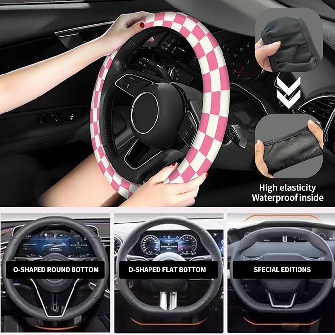Elastic Car Steering Wheel Cover, Universal 16 inch Non-Slip Breathable Neoprene Steering Wheel Protector, Car Accessories for Women Men Fit Auto, Suvs, Truck Pink Checkerboard