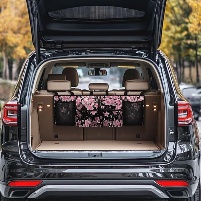 Pink Cherry Blossom Trunk Organizer Car Women Car Back Seat Organizer Multipurpose Cargo Accessory with Adjustable Straps