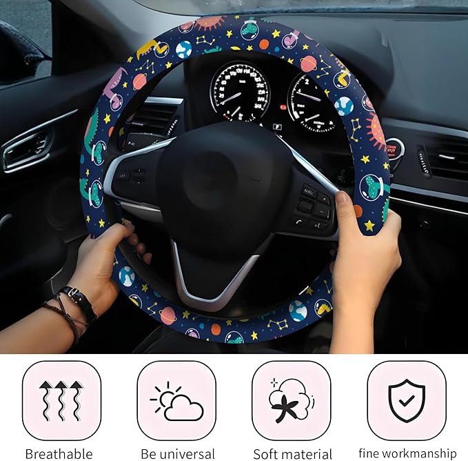Car Steering Wheel Cover, Universal 15 Inch Neoprene Non-Slip Steering Wheel Covers, Funny Car Accessories for Women Men Fit Auto, Suvs, Truck Cute Funny Dinosaurs
