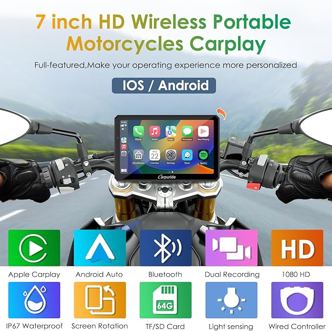 Carpuride W712D Motorcycle Carplay Screen with HD 1080 Dual Dash Cam, Wireless Car Play and Android Auto, 7" Waterproof Rotatable Navigation Touchscreen, Loop Recording, Bluetooth, Wired Controller