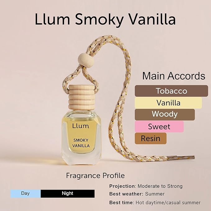 Llum Smoky Vanilla Hanging Car Air Freshener – Luxury Automotive Perfume Diffuser 10ml (0.34 fl oz), Long-Lasting Fragrance, Alcohol-Free Non-Toxic Scent, Glass Bottle With Wood Cap & AC Vent Clip