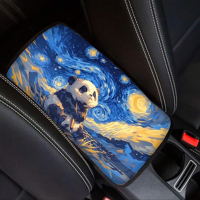 Auto Center Console Pad, Oil Painting Starry Sky Panda Armrest Covers for Trucks Vans SUV Cars, Car Interior Decor Accessories for Women Men Easy to Install