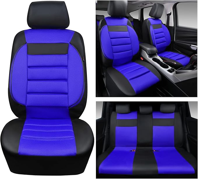 CAR PASS Leather 3D Foam Back Support Car Seat Covers Full Set Air Mesh Automotive Seat Covers, All Season Car Seat Cover Fit Automotive,SUV,Sedan,Van, Airbag Compatible Elegance(Black and Blue Royal)