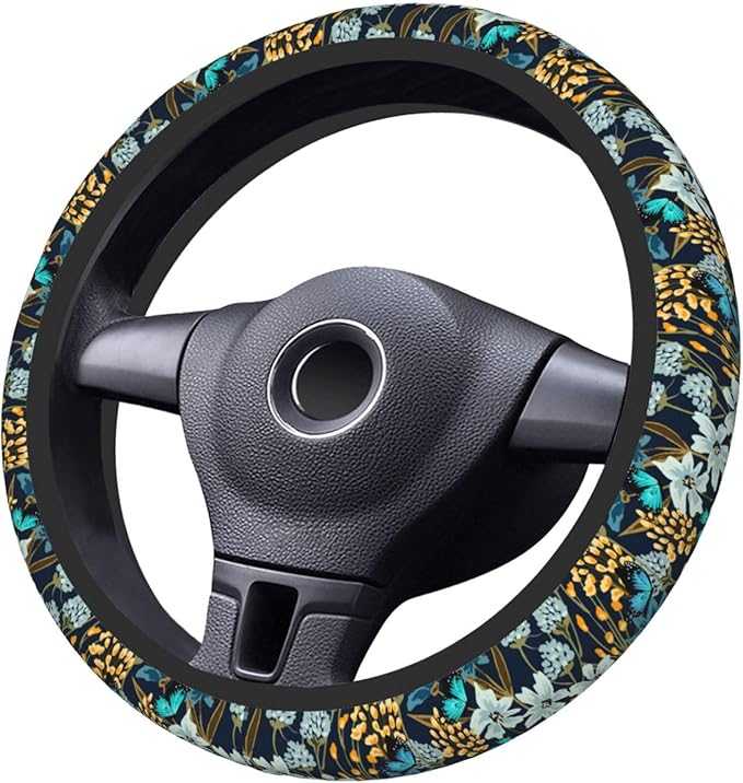 Floral Butterfly Blue Steering Wheel Cover for Women Elastic Rubber Steering Wheel Universal 15 Inch Fit for Cars, Auto, SUVs
