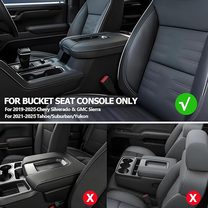 Center Console Cover with Side Pocket for 2019-2026 Chevy Silverado/GMC Sierra and 2021-2026 Tahoe/Suburban/Yukon, Car Armrest Cushion Pad Leather Protective Cover (for Bucket Seat Consoles)