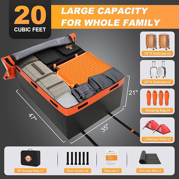 Sailnovo Rooftop Cargo Carrier 20 Cubic PVC Car Roof Cargo Carrier Waterproof Soft-Shell Includes Anti-Slip Mat, 6 Door Hooks, Car Top Carrier for Top of Vehicle with/Without Roof Rack Cross Bar