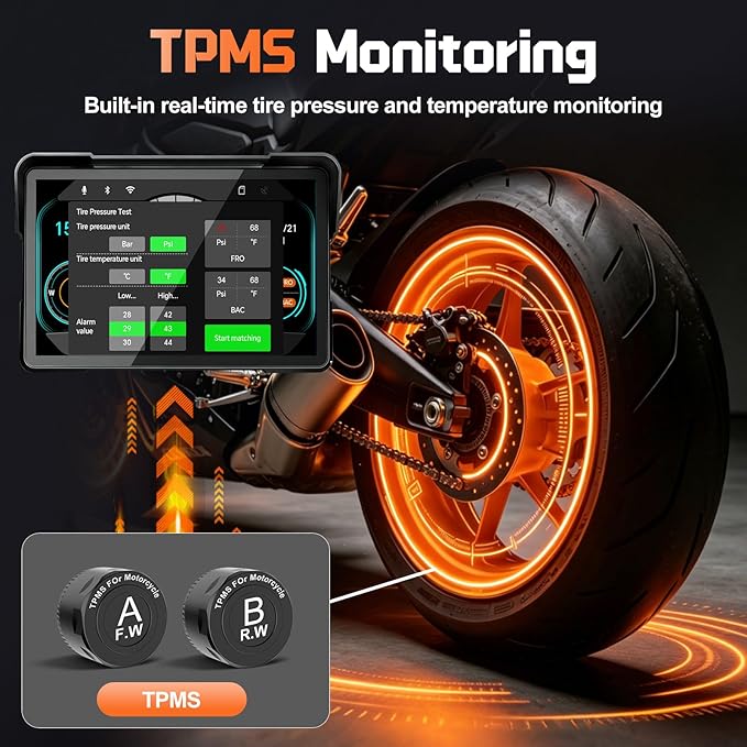 2026 LBW 7" Wireless GPS Motorcycle CarPlay(Includes 128G SD) with Android Auto Navigation, Dual 2K Dash Cam, HD Waterproof Screen, TPMS, Remote Control, BT, Quick Release Anti-Theft Design Mount