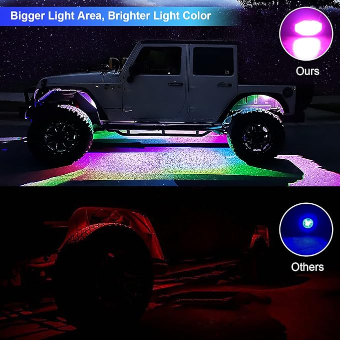 RGB LED Rock Lights, Neon Underglow Kit for Car with App/Remote Control and Voice-Activated Music Mode, 4 Pods Waterproof Car Light Rock Lights for Trucks ATV SUV RZR UTV Boat Motorcycle (Blue)