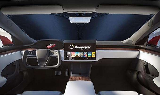 Magnelex Tesla Windshield Sunshade for Model S 2012-2026 - Reflective 240T Material Car Sun Visor with Mirror Cut-Out. Tesla Model S Sunshade | Foldable Sun Shade for Sun Heat and UV Protection