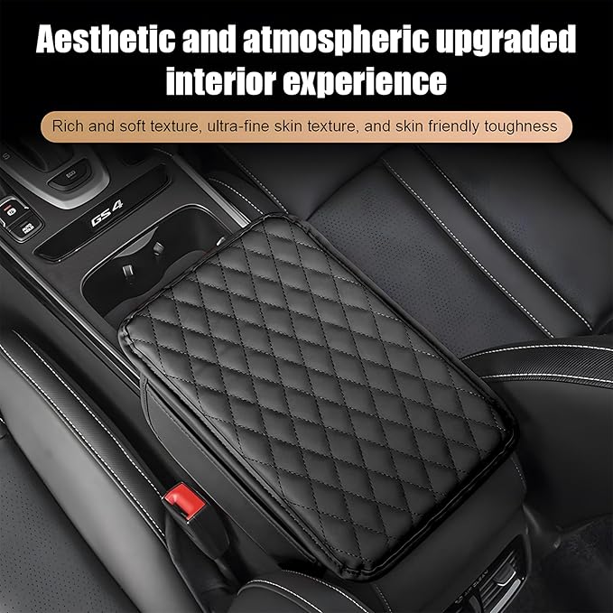 Car Center Console Armrest Pillow with 2 Storage Pockets, Memory Foam Car Armrest Cushion, Leather Car Center Console Cover for Most Vehicle (Black-Upgraded Thickened)