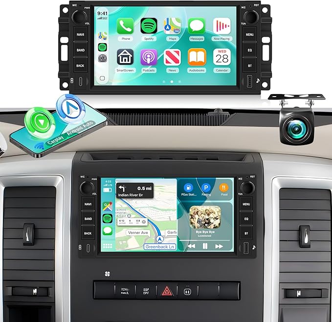 [Type-C+USB/4G+64G] Car Radio for Dodge Ram 1500/2500/3500 2009-2012 Jeep Wrangler 2007-2018 with Wireless CarPlay Android Auto, 7 Inch Android 15 Car Stereo with GPS Bluetooth 5.0 WiFi Backup Camera