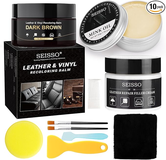 SEISSO Leather Repair Kit for Furniture, Dark Brown Vinyl Repair Kit with Mink Oil Car Interior Leather Recoloring Balm for Scratches, Fading Shoes, Car Seat, Sofa