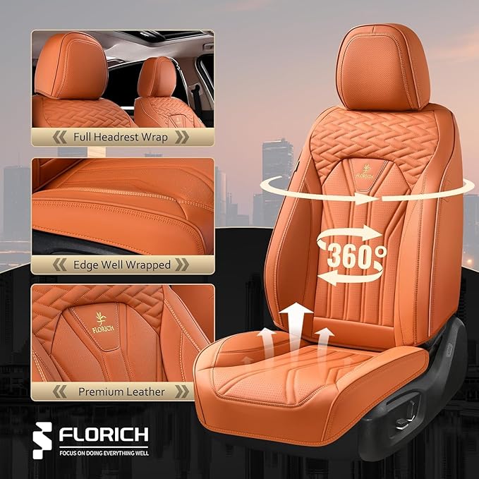 FLORICH Car Seat Covers Full Set Orange Seat Cover Front Seats and Back Leather Seat Covers for Cars Waterproof Car Seat Cushion Universal Car Seat Protector Fit for Most Cars Trucks SUVs