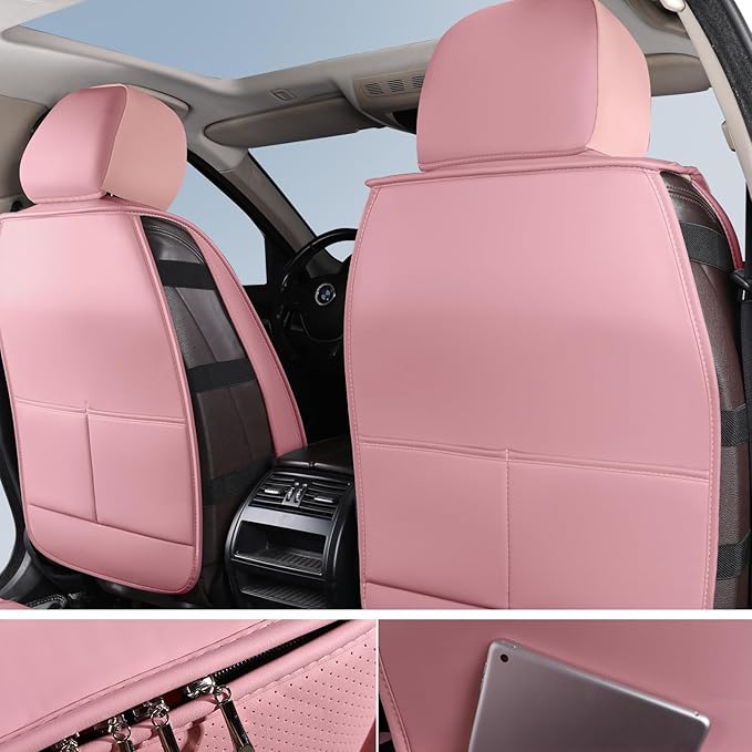 Nappa Leather Car Seat Covers Full Set, Pink Car seat Protector 5 Seats, Waterproof Car Seat Cushion, Universal Automotive Seat Covers Fit for SUV Truck Pick-up Sedan, Front and Rear