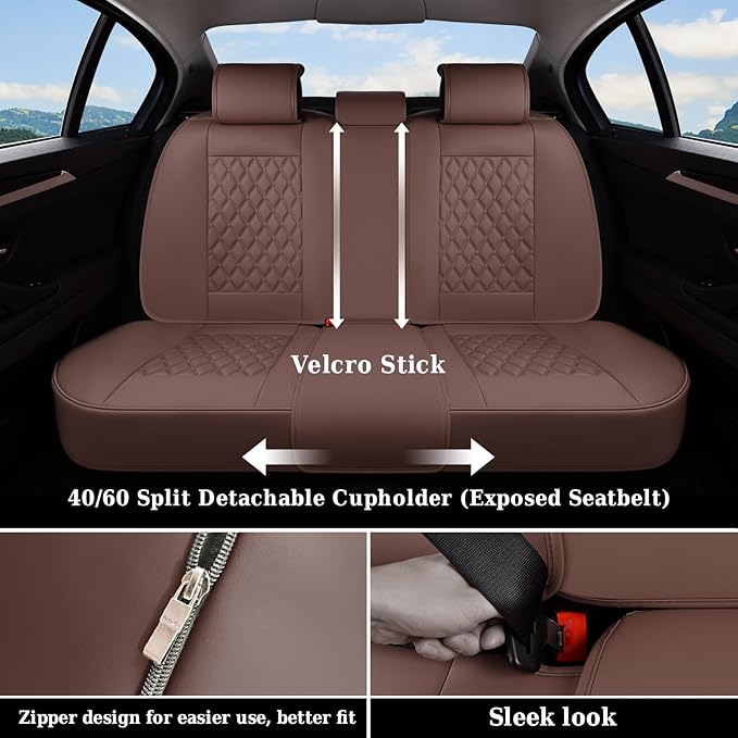 Coverado Full Set Car Seat Covers, Brown Leather Seat Protectors for Cars, Waterproof Luxury Front & Back Car Seat Covers, Universal Fit for Most Cars-Brown