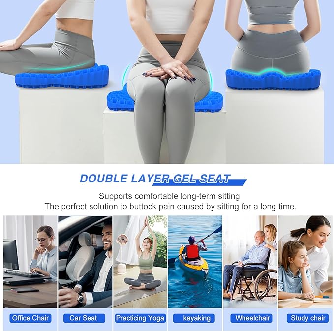 Thicken 19.7in Seat Cushion, Gel Seat Cushion for Long Sitting–Office Chair, Wheelchair, Car Cushion, Large Cooling Pad for Back Pain, Sciatica, Tailbone Pain Relief
