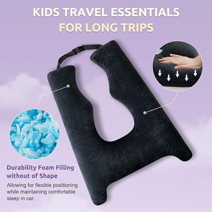 Car Pillow for Kids Travel Pillow with Adjustable Strap,Children Neck Pillow for Car Headrest to Support Head and Body Road Trip Essentials (Dark Black)