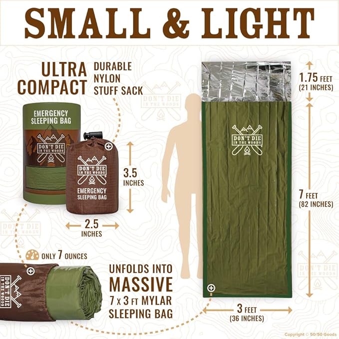 Don’t Die in The Woods - Emergency Sleeping Bag with Hood - Made with Extra Thick Thermal Mylar - 10 Essentials Hiking Camping Blanket, Survival Gear Tactical Car Disaster Bug Out First Aid Kits