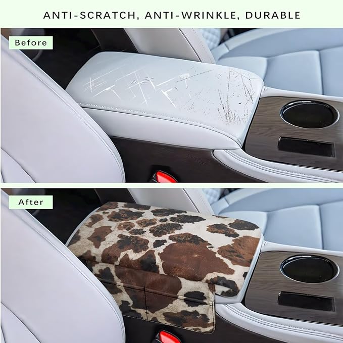 Wanyint Brown Black Cow Print Car Center Console Pad Soft Armrest Cover Protector with Pockets Storage Bag Scratch Resistant Arm Rest Covering Middle Console Pad Auto Decoration