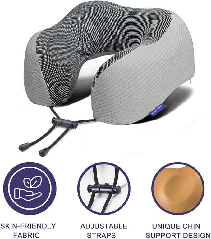 napfun Neck Pillow for Traveling, Upgraded Travel Neck Pillow for Airplane 100% Pure Memory Foam Travel Pillow for Flight Headrest Sleep, Portable Plane Accessories, Light Gray Striped Kit